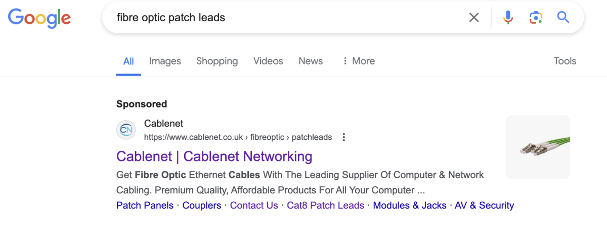 A screenshot of a Google Search result for fibre optic patch leads